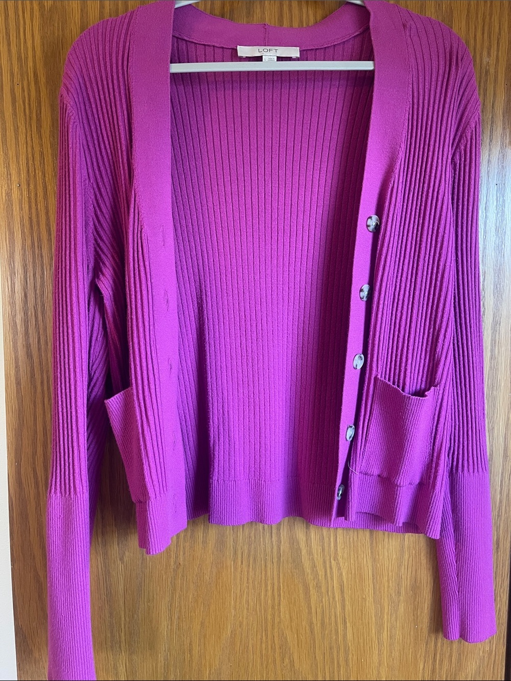 LOFT Fuchsia Ribbed Button-Front Cardigan